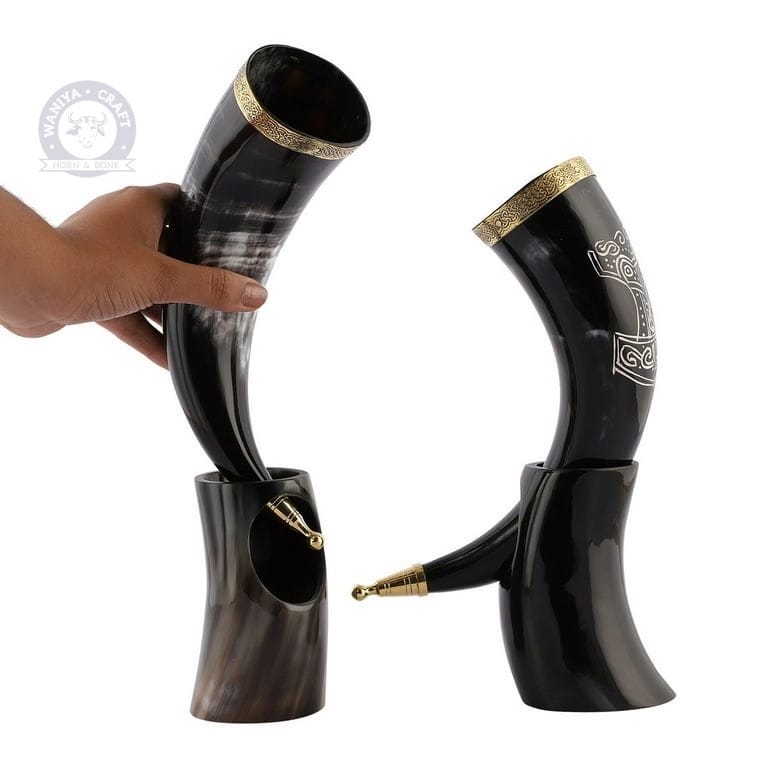 DRINKING HORN & with stand & BRASS CAP AND RIM