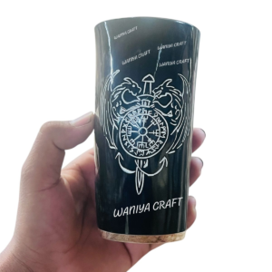 Natural Black Carved Drinking Horn Glass with Wooden Base at high Quality